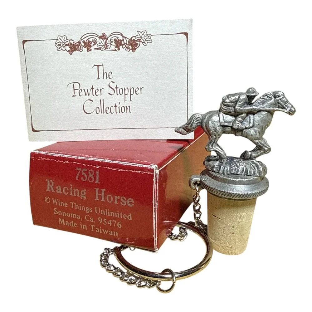 Vintage Pewter Race Horse with‎ Jockey Wine Bottle Cork Stopper with Neck Ring.